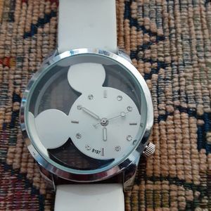 Bolun Disney Mickey Mouse Wrist Watch White Leather Band Stainless Steel
